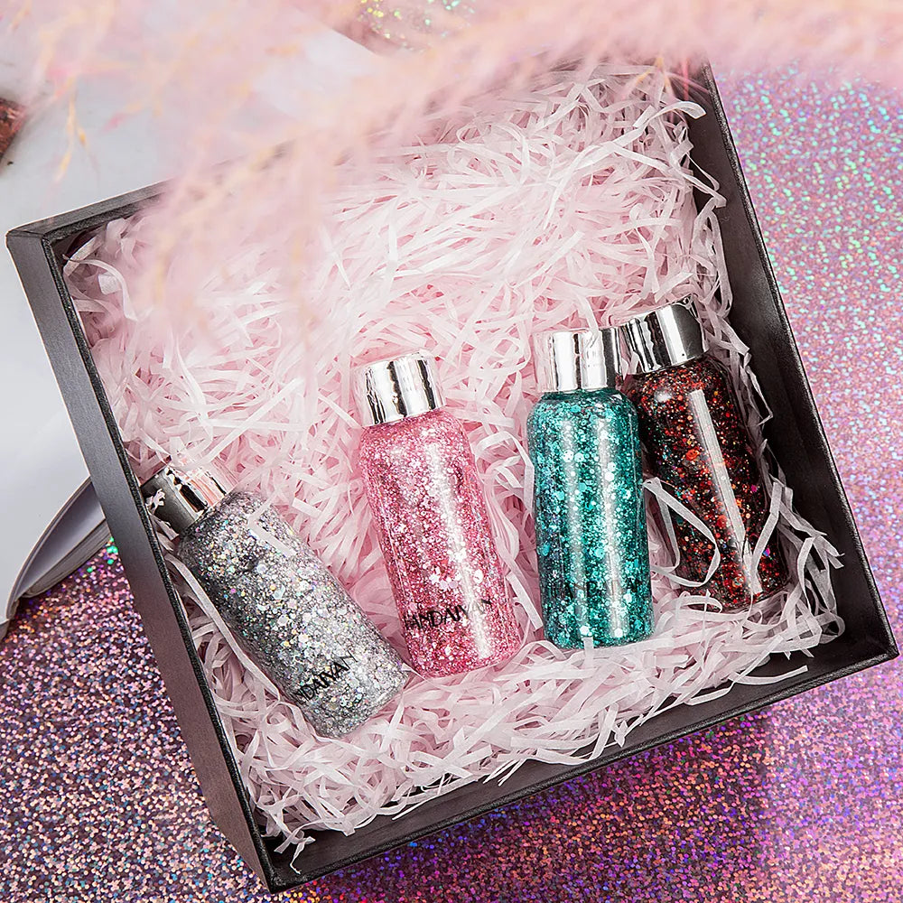 Application demonstration of glitter gel on skin showing shimmer finish