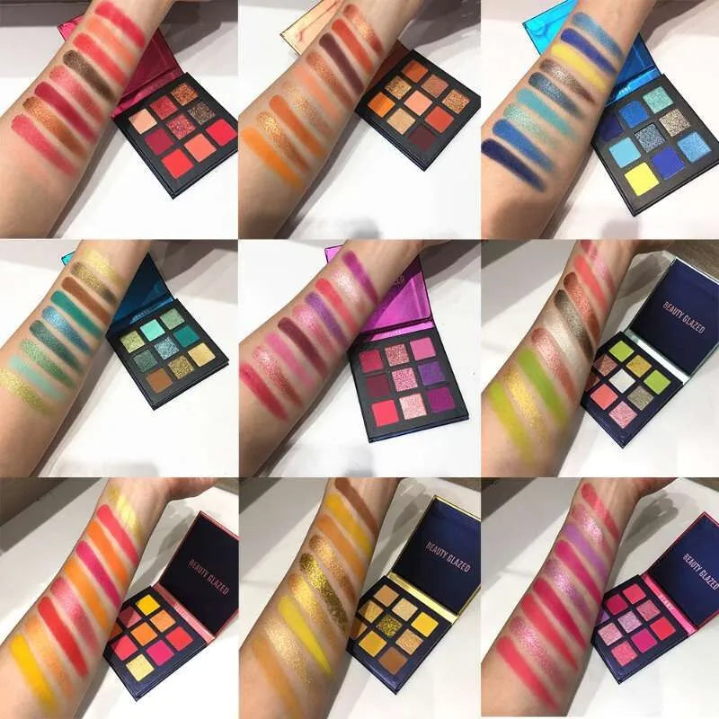 Compact eyeshadow palette with 9 shimmer and metallic colors arranged in a grid