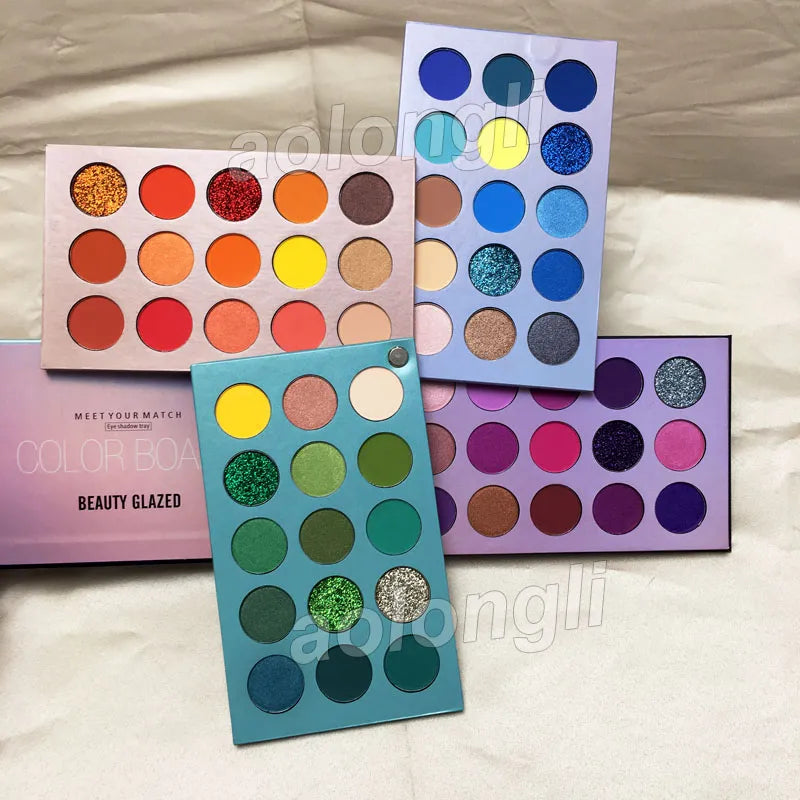 Close-up view of eyeshadow palette with glitter and nude color options