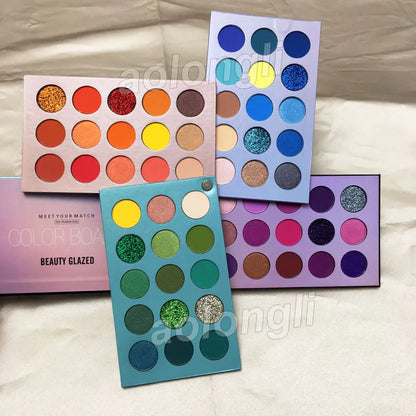 Close-up view of eyeshadow palette with glitter and nude color options
