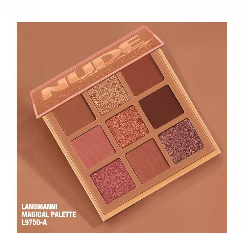 Eyeshadow palette open with nine colors arranged in compact design