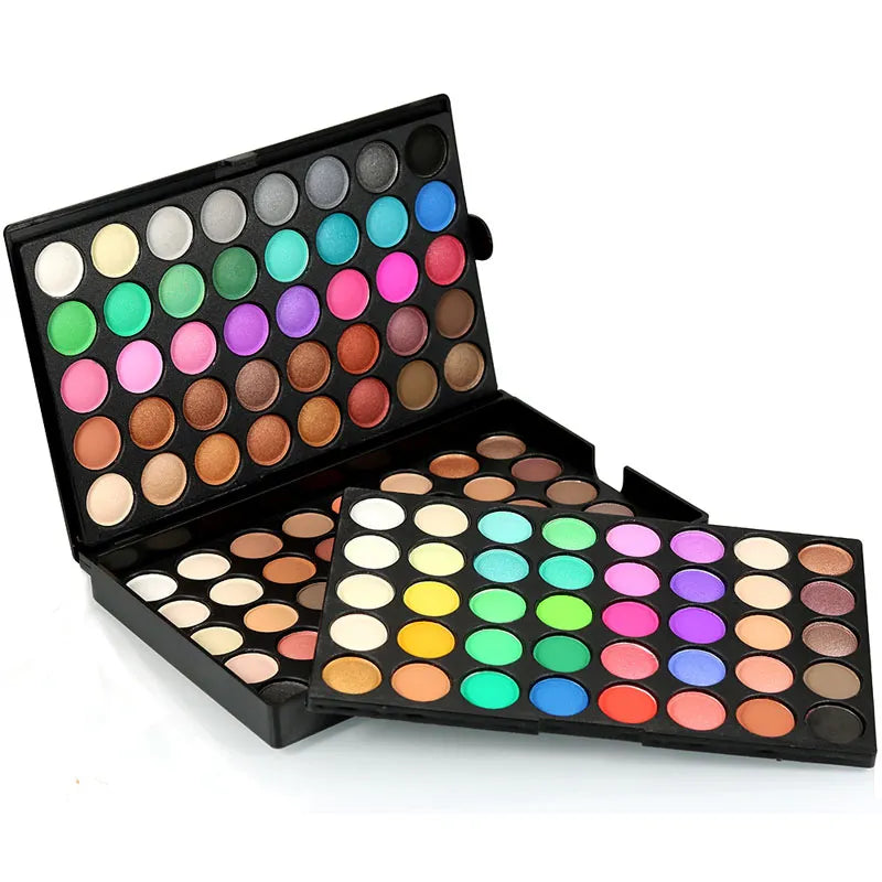 Close-up view of matte and shimmer eyeshadow textures in the palette