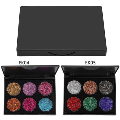 Open 6-color metallic glitter eyeshadow palette showing shimmer shades