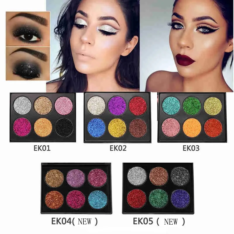 Open 6-color metallic glitter eyeshadow palette showing shimmer shades
