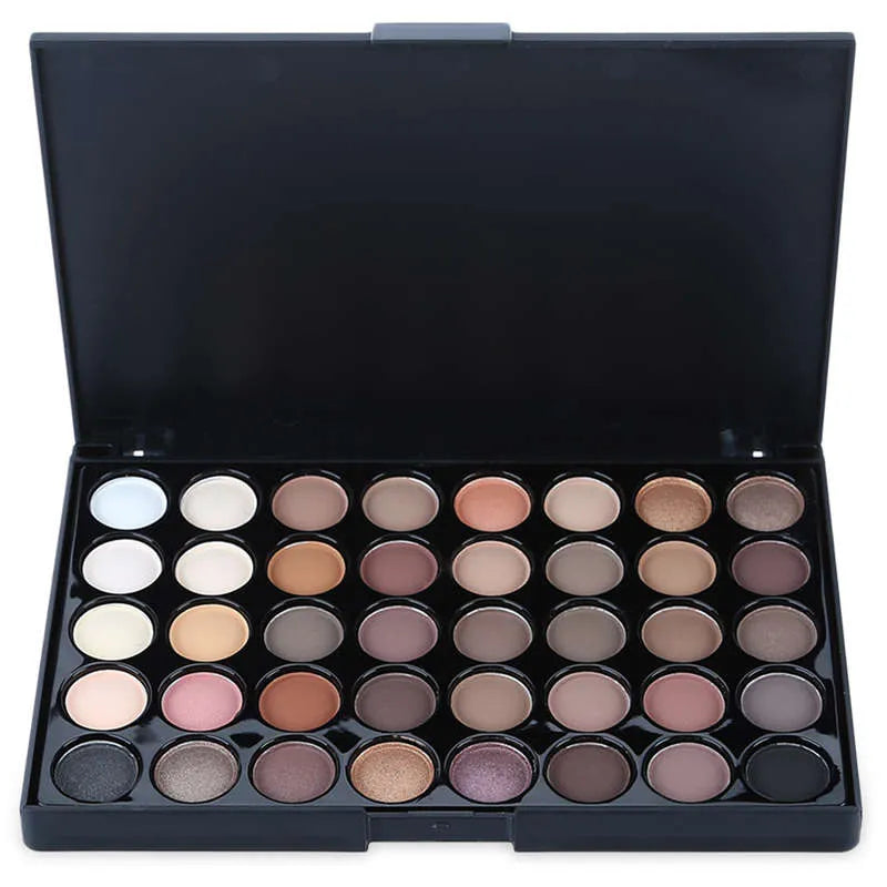 Close-up view of eyeshadow palette with glitter and matte shades