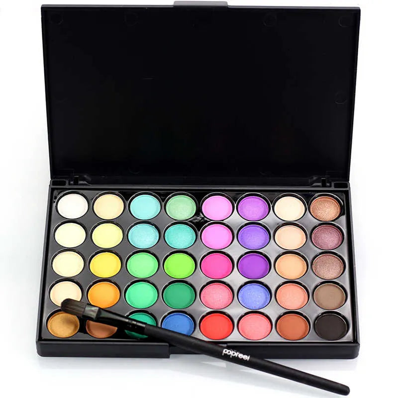 Eyeshadow palette showing 40 colors in shimmer and matte finishes
