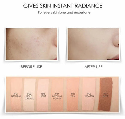 Seven different shades of liquid concealer displayed in individual containers