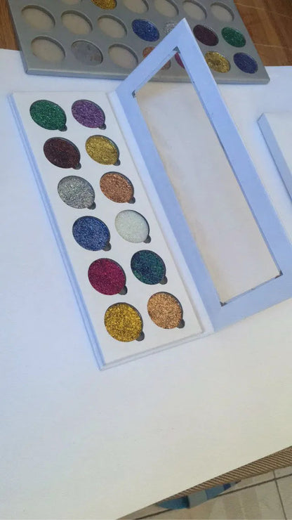 Close-up view of eyeshadow palette with shimmer finish