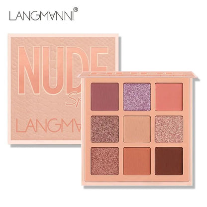 Matte nude eyeshadow palette showing nine neutral powder shades