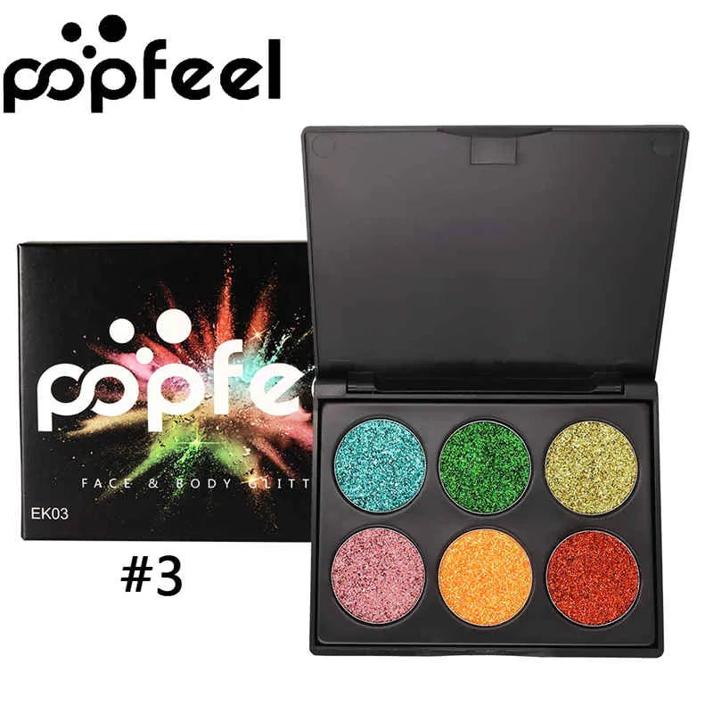 Open 6-color metallic glitter eyeshadow palette showing shimmer shades