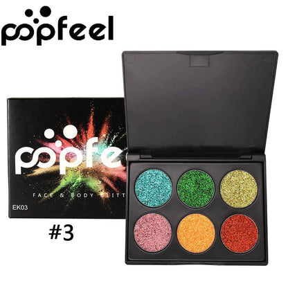 Open 6-color metallic glitter eyeshadow palette showing shimmer shades