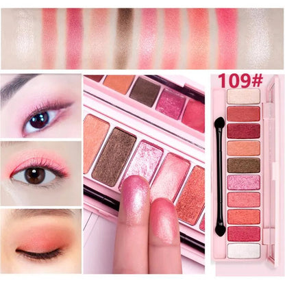 Close-up of red and pink glitter eyeshadow shades in palette