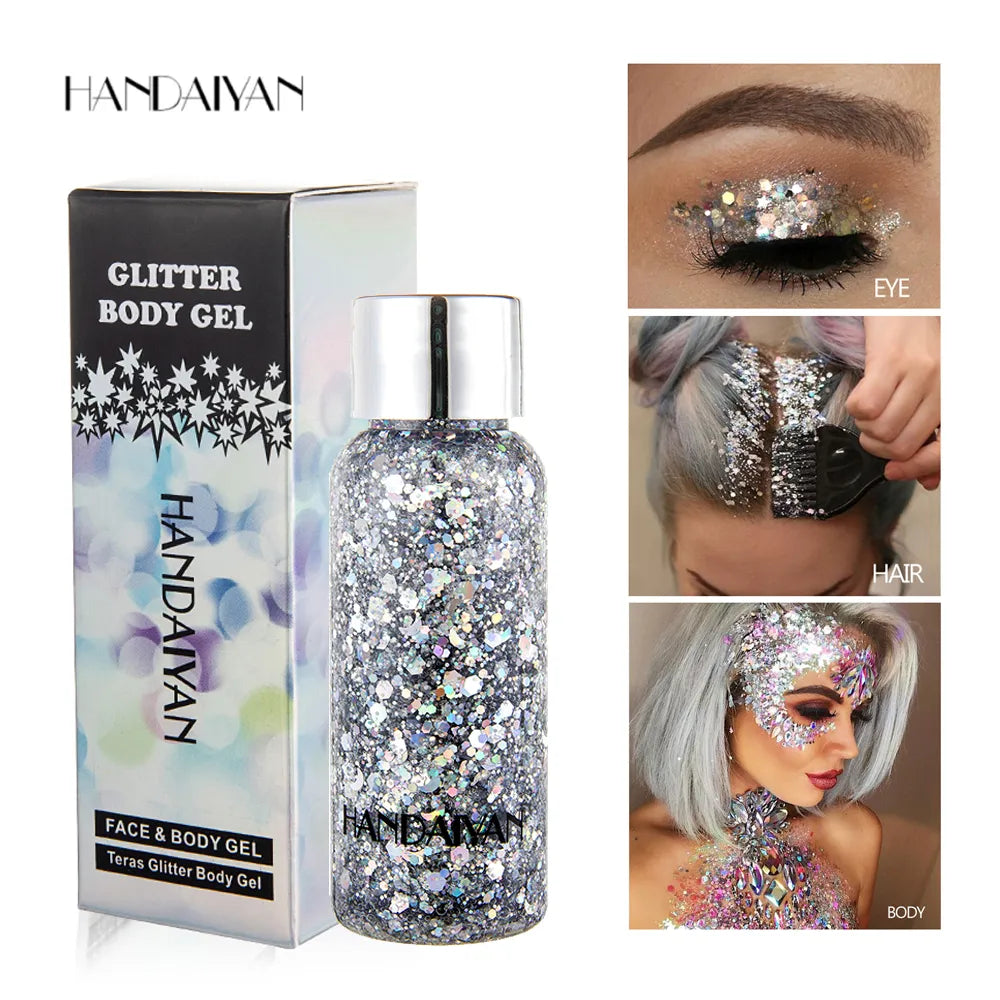 Multipurpose glitter gel with laser sequins in eight color options displayed