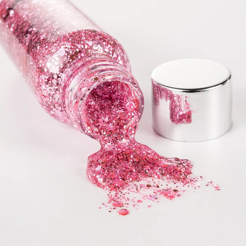 Multipurpose glitter gel with laser sequins in eight color options displayed