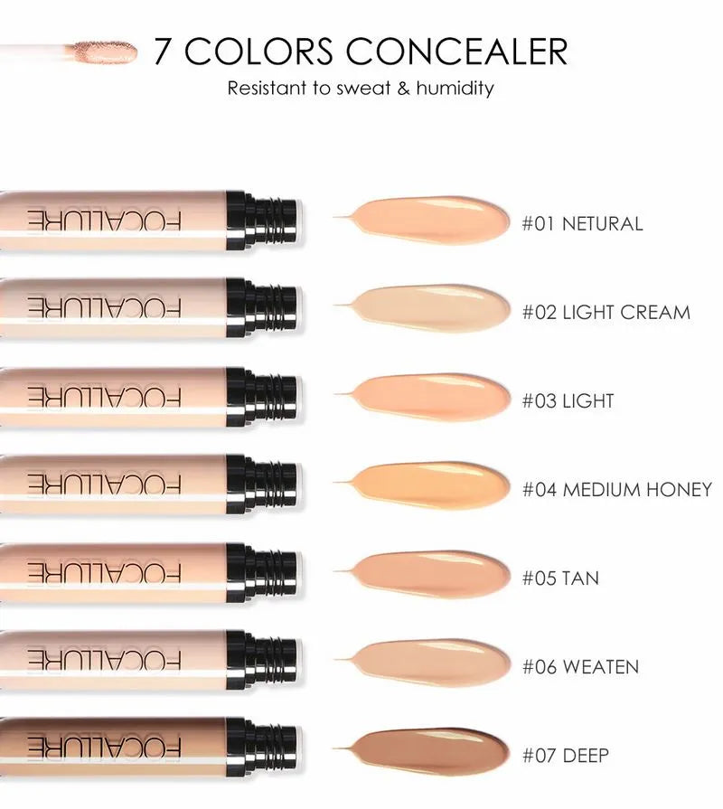 Seven different shades of liquid concealer displayed in individual containers