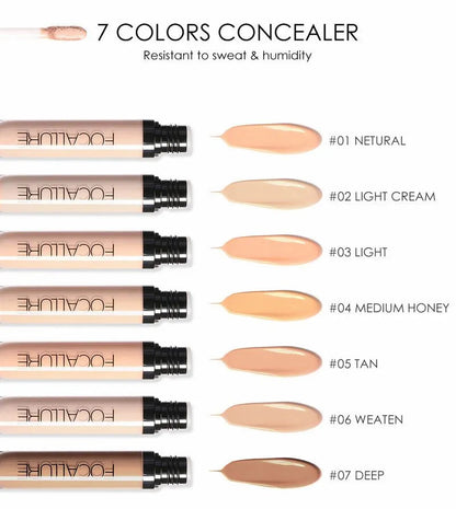 Seven different shades of liquid concealer displayed in individual containers