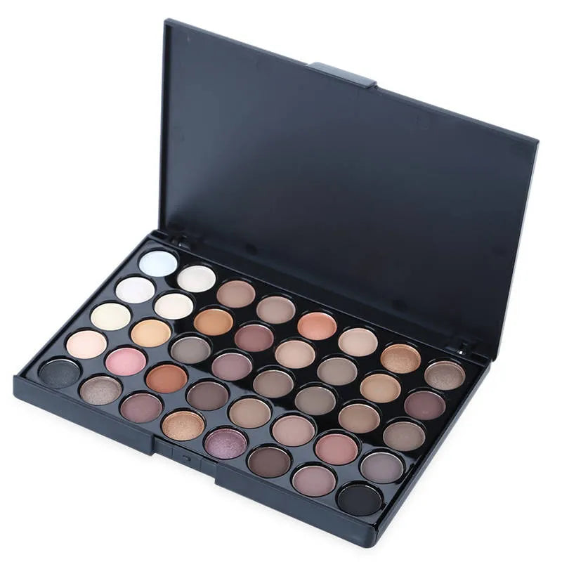 Eyeshadow palette showing 40 colors in shimmer and matte finishes