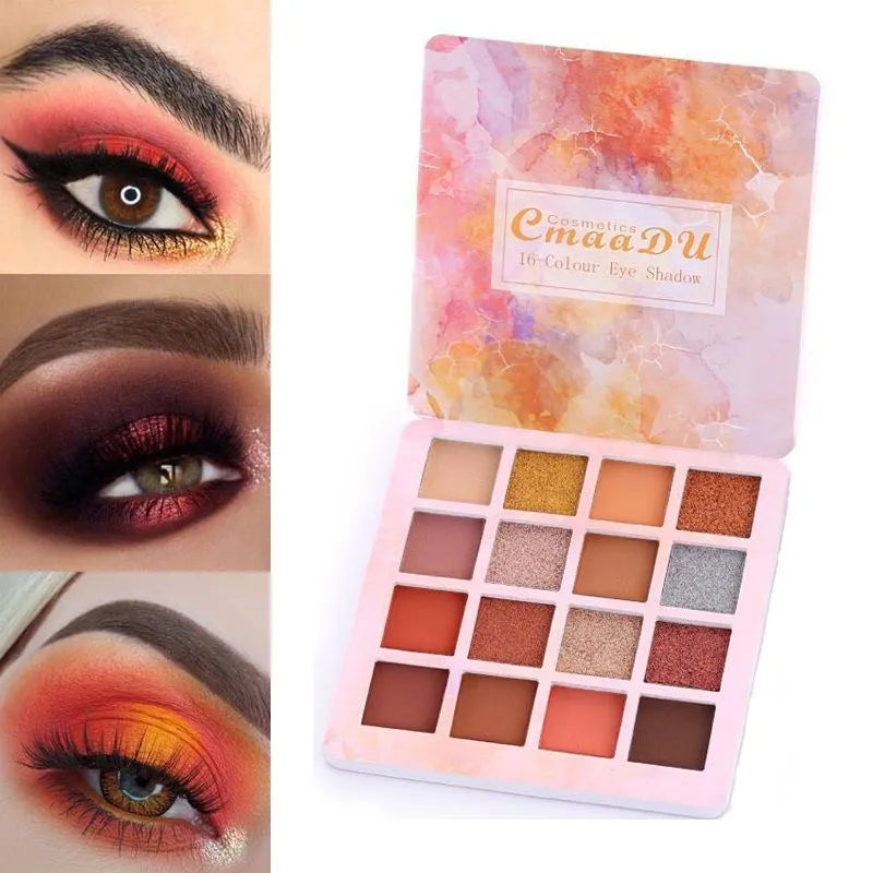 16-color eyeshadow palette showing matte and glitter shades in open case