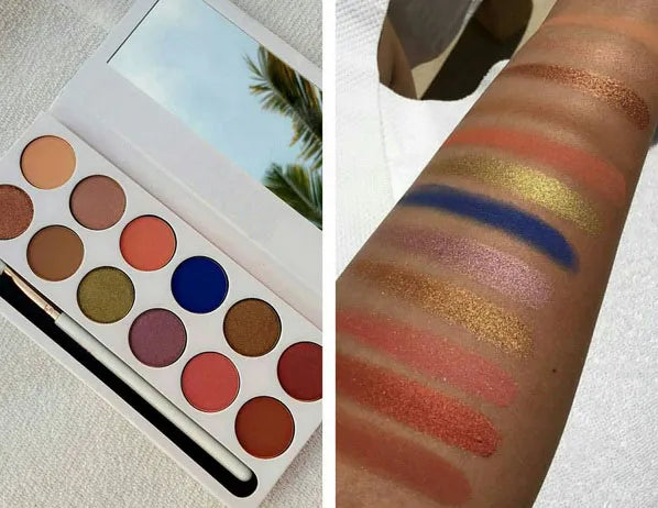 Open eyeshadow palette showing 12 shades in peach and nude colors