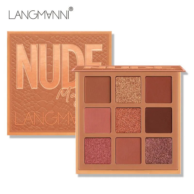 Eyeshadow palette open with nine colors arranged in compact design