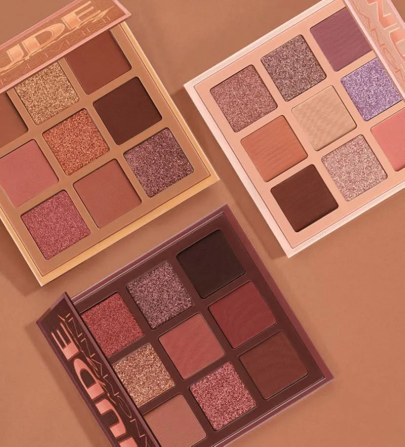 Matte nude eyeshadow palette showing nine neutral powder shades
