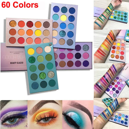 Open 60-color eyeshadow palette showing shimmer and matte finishes