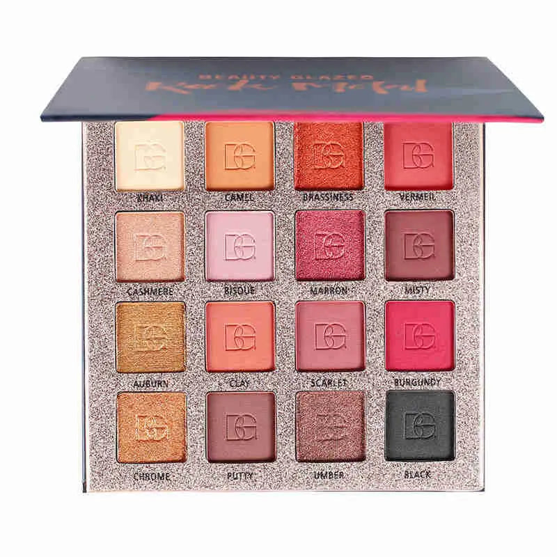 Open eyeshadow palette showing matte and glitter nude shades