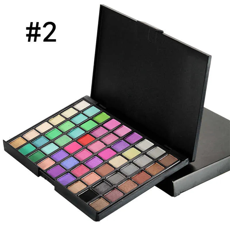 Front view of 54-color eyeshadow palette showing matte and shimmer shades