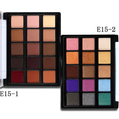 Close-up of eyeshadow pans with matte and shimmer finishes
