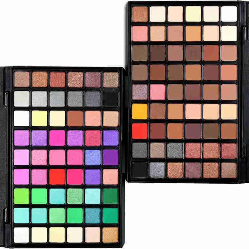 Front view of 54-color eyeshadow palette showing matte and shimmer shades