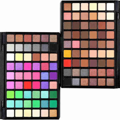 Front view of 54-color eyeshadow palette showing matte and shimmer shades
