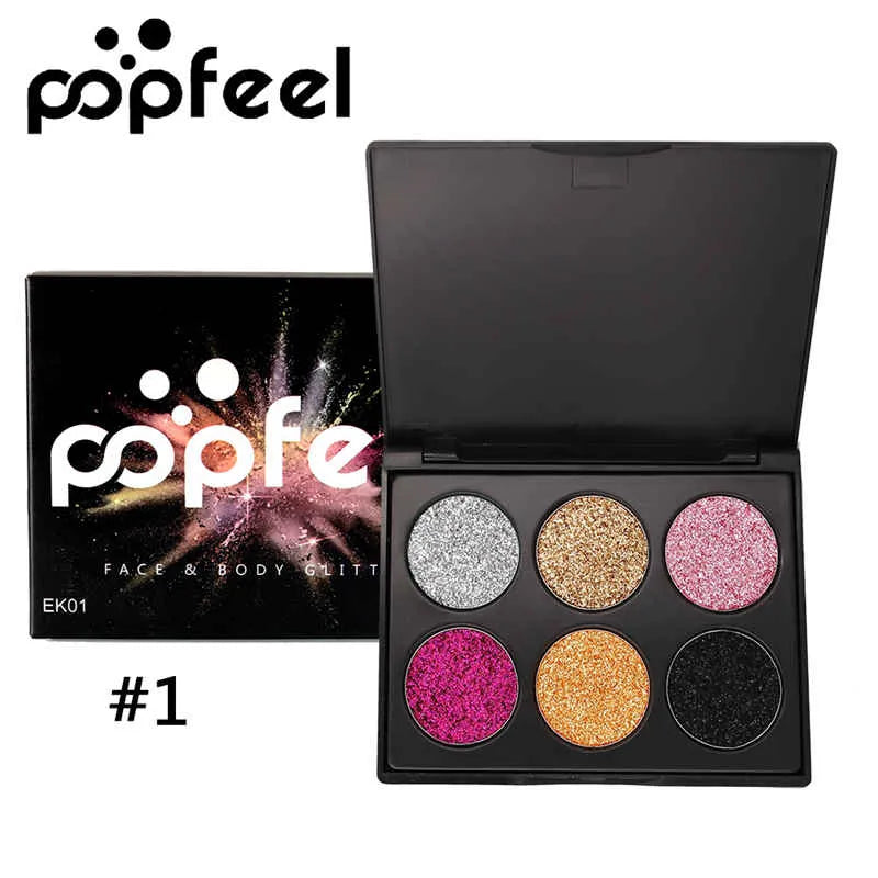 Close-up view of eyeshadow palette with glitter texture detail