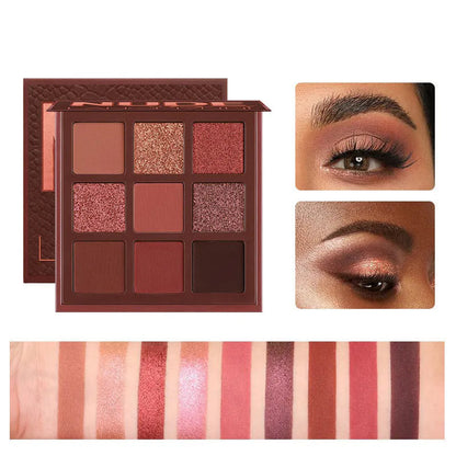 Nine-color eyeshadow palette showing matte and glitter finishes in neutral tones