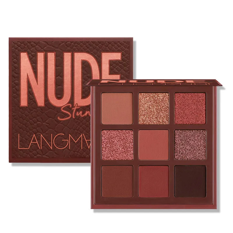 Eyeshadow palette open with mirror and nine powder shades arranged in grid