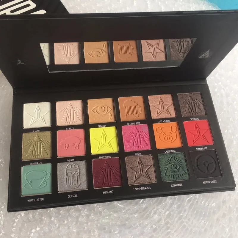 Close-up view of eyeshadow palette with matte and shimmer finishes