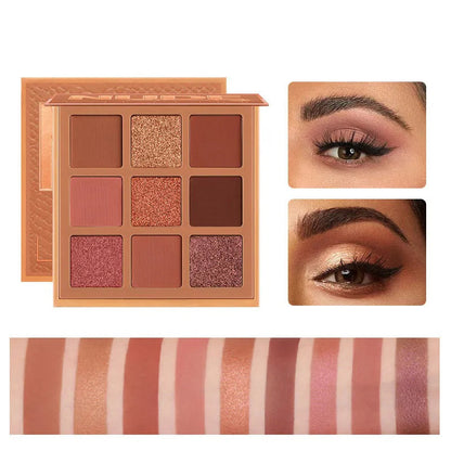 Close-up view of eyeshadow palette with matte and shimmer powder textures