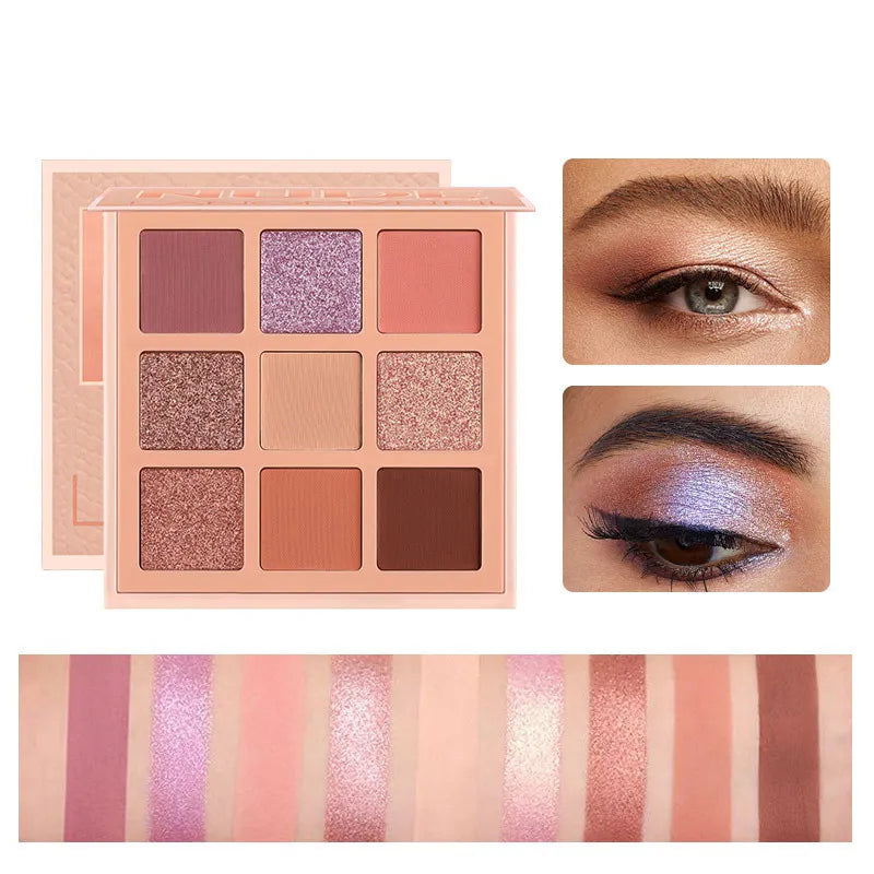 Eyeshadow palette open with mirror and nine powder shades arranged in grid