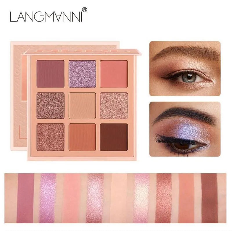 Matte nude eyeshadow palette showing nine neutral powder shades