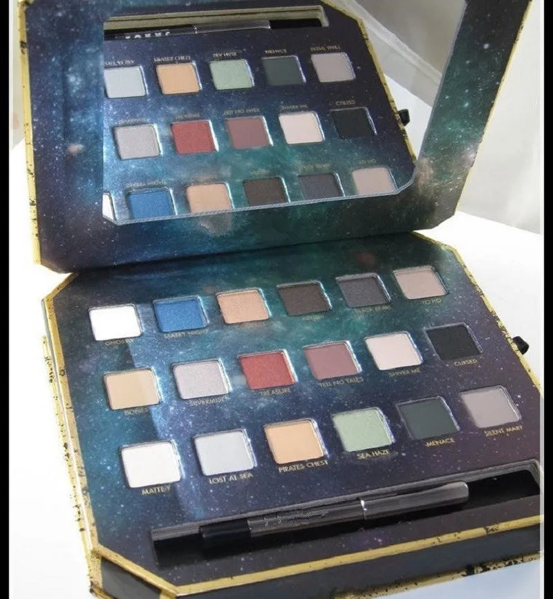18-color eyeshadow palette with eyeliner pencil displayed open
