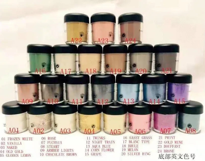 Matte loose eyeshadow pigments in 24 different colors displayed in packaging