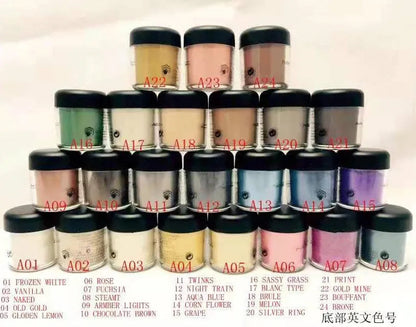 Matte loose eyeshadow pigments in 24 different colors displayed in packaging