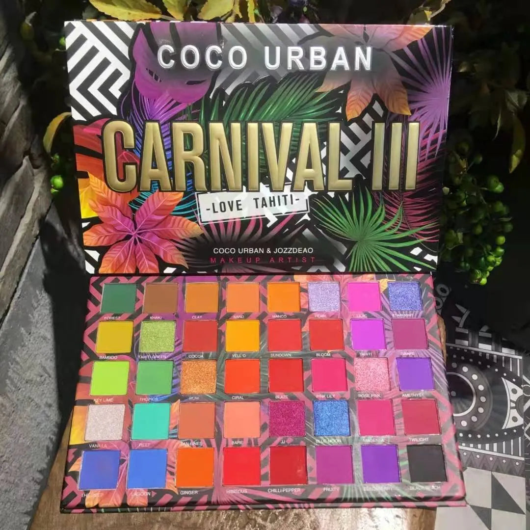Close-up view of pigmented eyeshadow colors in palette