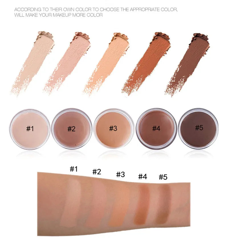 Makeup palette with five natural-toned concealers displayed open