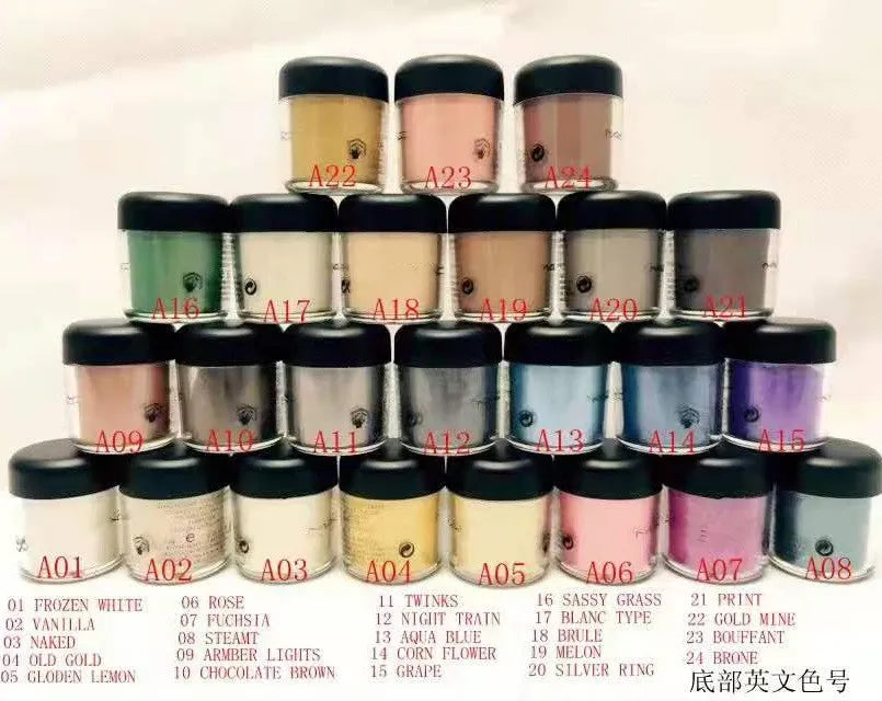 Individual eyeshadow pigment containers with English color names visible
