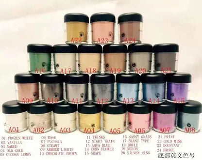 Individual eyeshadow pigment containers with English color names visible